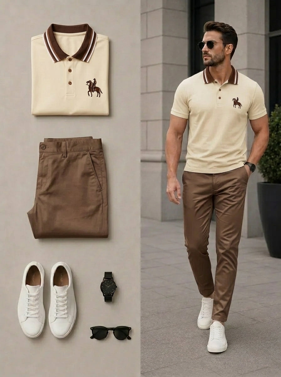 Men's Casual Apricot & Coffee Color Matching Polo Shirt & Pants Two-Piece Set