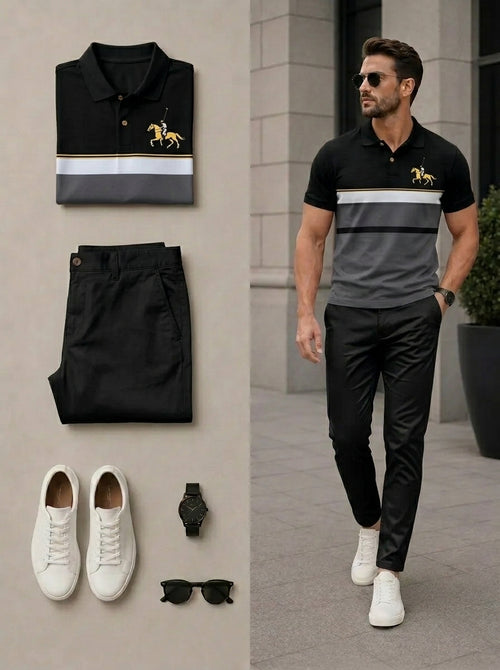 Men's Casual Black & White Color Matching Polo Shirt & Pants Two-Piece Set
