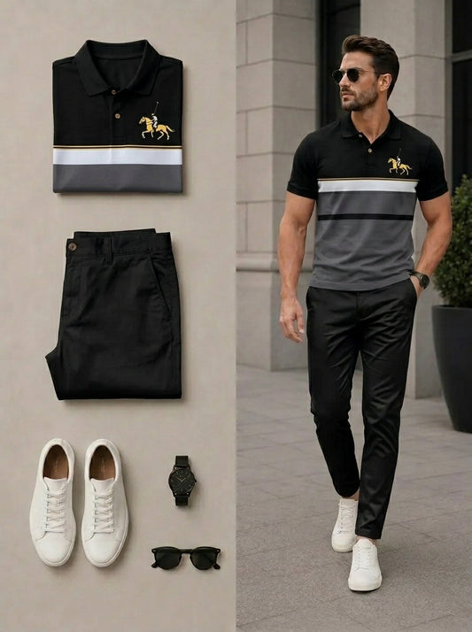 Men's Casual Black & White Color Matching Polo Shirt & Pants Two-Piece Set