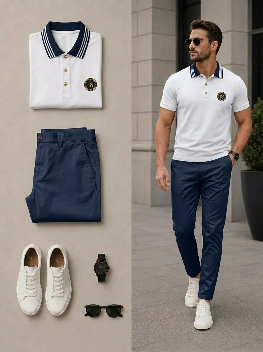 Men's Casual White & Navy Blue Color Matching Polo Shirt & Pants Two-Piece Set