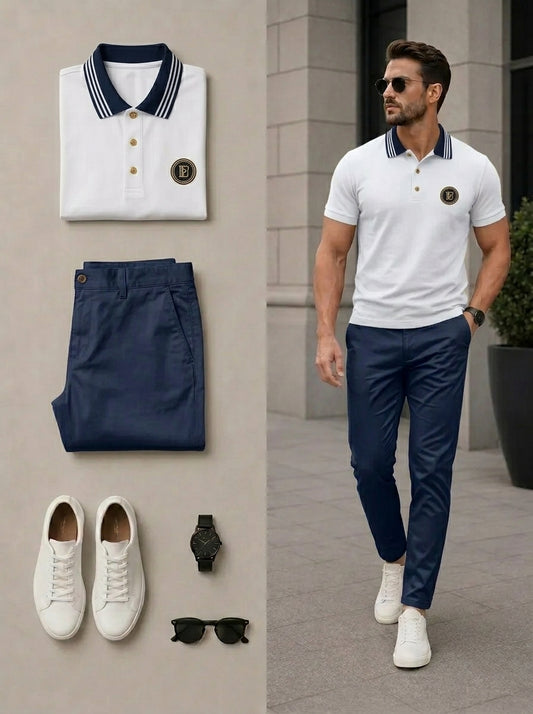 Men's Casual White & Navy Blue Color Matching Polo Shirt & Pants Two-Piece Set