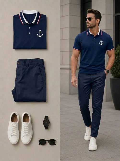 Men's Casual Navy Blue Color Matching Polo Shirt & Pants Two-Piece Set