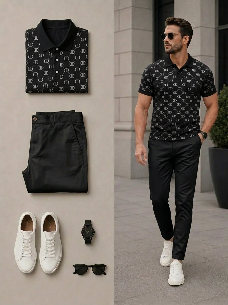 Men's Casual Black Retro Style Printed Polo Shirt & Pants Two-Piece Set