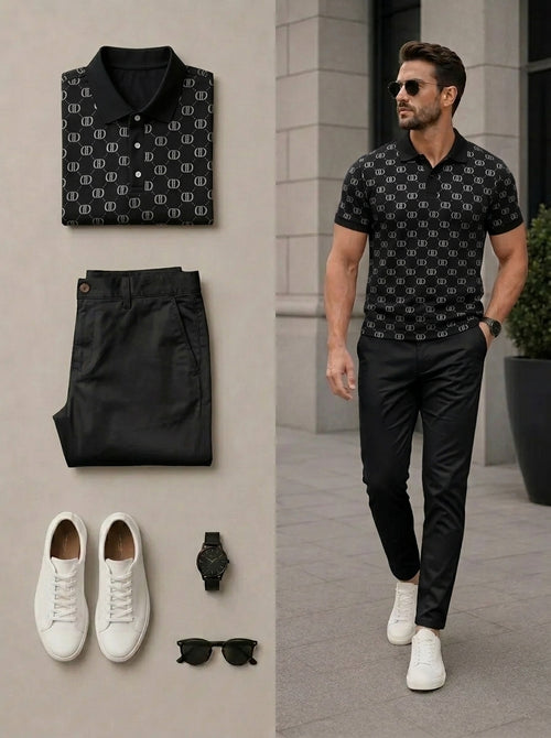 Men's Casual Black Retro Style Printed Polo Shirt & Pants Two-Piece Set