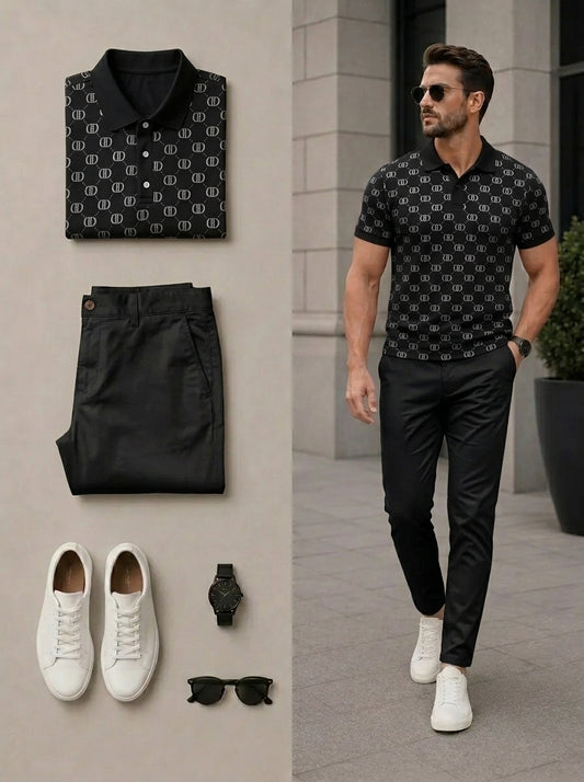 Men's Casual Black Retro Style Printed Polo Shirt & Pants Two-Piece Set