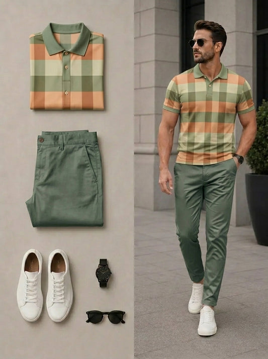 Men's Casual Yellow & Green Color Matching Checkered Art Style Printed Polo Shirt & Pants Two-Piece Set