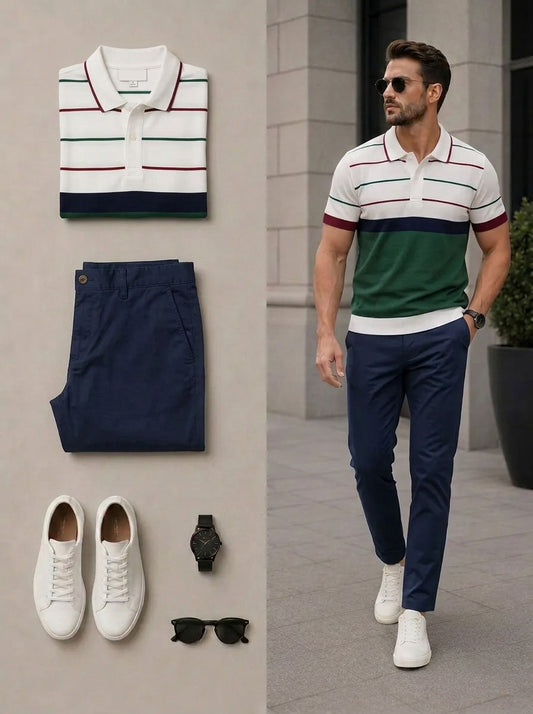 Men's Casual White & Green & Navy Color Matching Striped Printed Polo Shirt & Pants Two-Piece Set