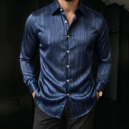 Men's Navy Blue Striped Printed Long Sleeve Shirt