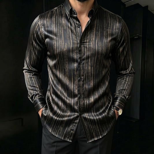 Men's Black Striped Printed Long Sleeve Shirt