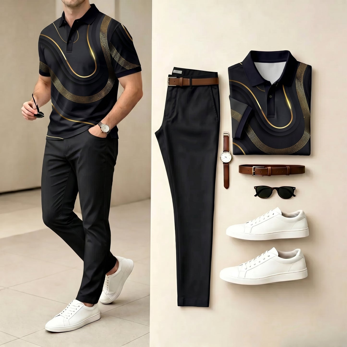 Men's Casual Black Color Matching Printed Polo Shirt & Pants Two-Piece Set