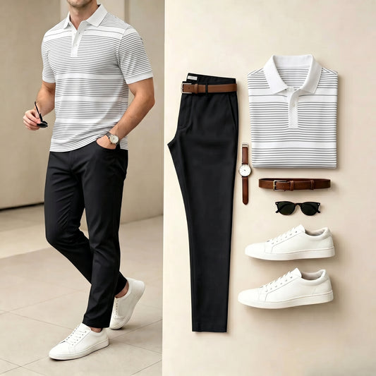 Men's Casual Black & White Color Matching Striped Printed Polo Shirt & Pants Two-Piece Set