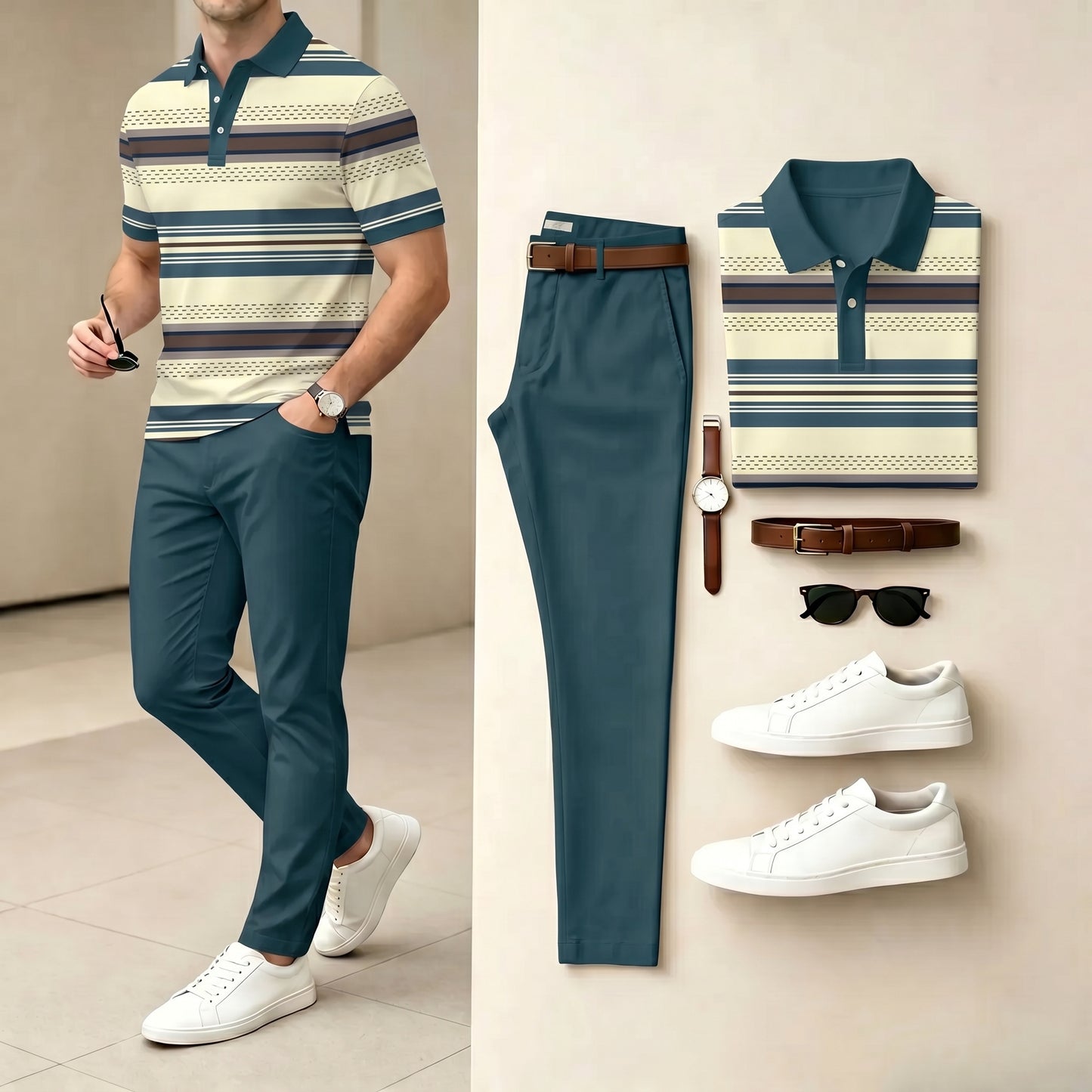 Men's Casual Beige & Green Color Matching Striped Printed Polo Shirt & Pants Two-Piece Set