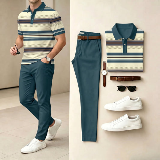 Men's Casual Beige & Green Color Matching Striped Printed Polo Shirt & Pants Two-Piece Set