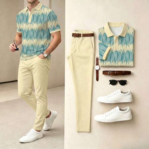 Men's Casual Yellow & Green Color Matching Striped Printed Polo Shirt & Pants Two-Piece Set
