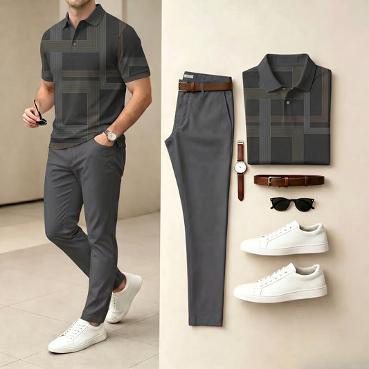Men's Casual Dark Gray Color Matching Striped Printed Polo Shirt & Pants Two-Piece Set