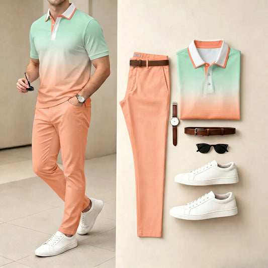 Men's Casual Orange & Light Green Gradient Printed Polo Shirt & Pants Two-Piece Set
