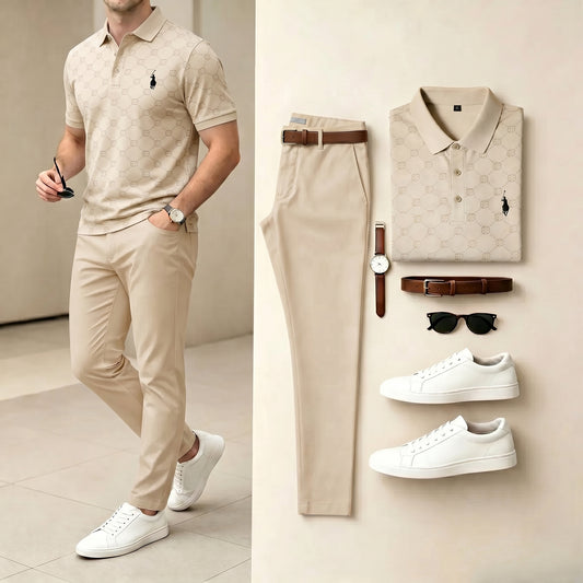 Men's Casual Apricot Retro Style Printed Polo Shirt & Pants Two-Piece Set