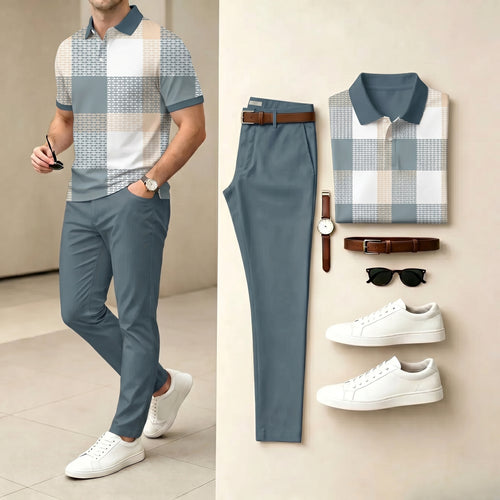 Men's Casual Blue & White Color Matching Plaid Printed Polo Shirt & Pants Two-Piece Set