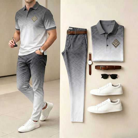Men's Casual Gray & White Gradient Color Matching Printed Polo Shirt & Pants Two-Piece Set