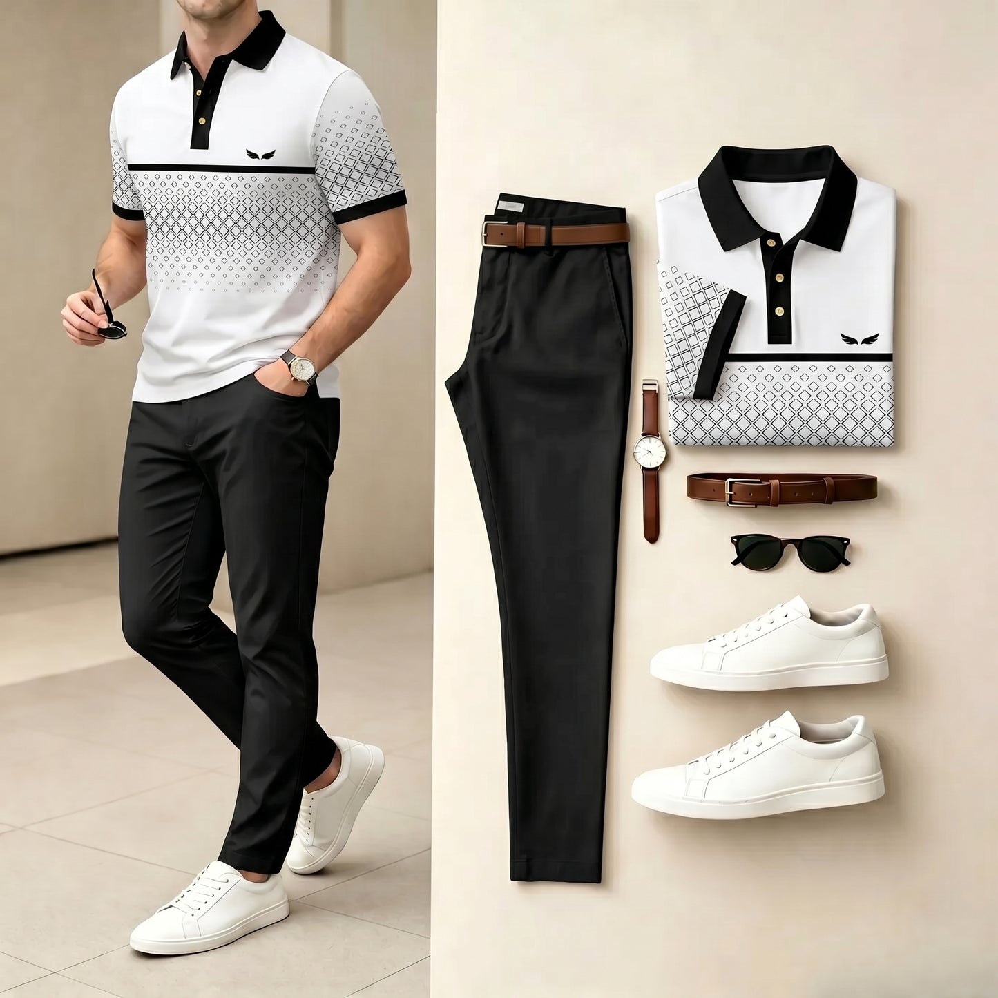 Men's Casual Brown & Black Color Matching Printed Polo Shirt & Pants Two-Piece Set