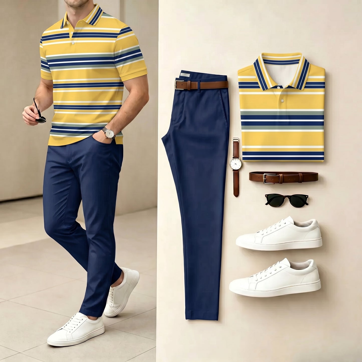 Men's Casual Yellow & Navy Color Matching Striped Printed Polo Shirt & Pants Two-Piece Set