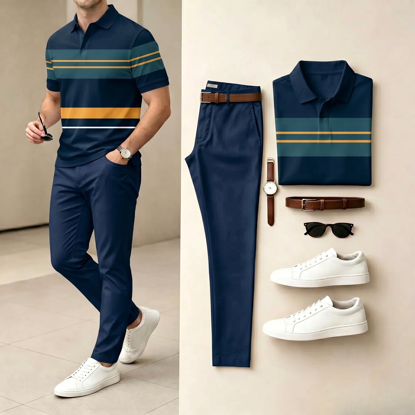 Men's Casual Navy & Orange Color Matching Striped Printed Polo Shirt & Pants Two-Piece Set