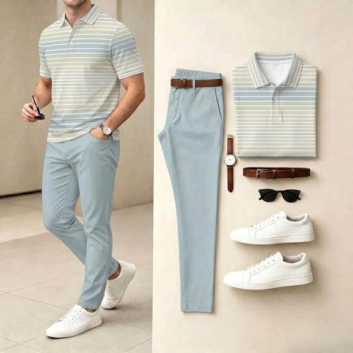 Men's Casual Light Blue & White Color Matching Striped Printed Polo Shirt & Pants Two-Piece Set