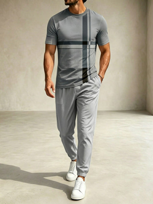 Men's Casual Gray Color Matching Geometric Printed Round Neck T-Shirt & Pants Two-Piece Set