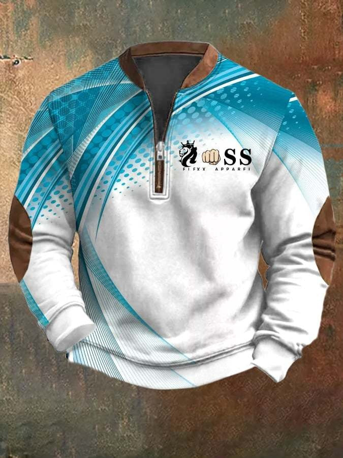 Men's Retro Letter Design Printed Casual Zipper Collar Long-Sleeved Sweatshirt