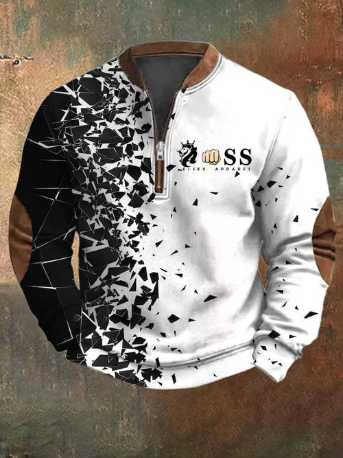 Men's Retro Letter Design Printed Casual Zipper Collar Long-Sleeved Sweatshirt