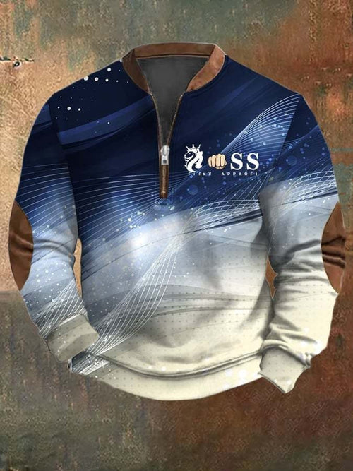 Men's Retro Letter Design Printed Casual Zipper Collar Long-Sleeved Sweatshirt