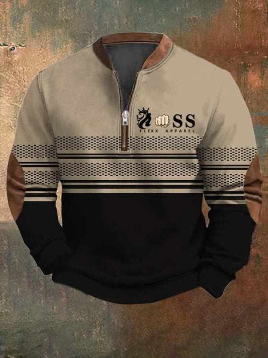 Men's Retro Letter Design Printed Casual Zipper Collar Long-Sleeved Sweatshirt