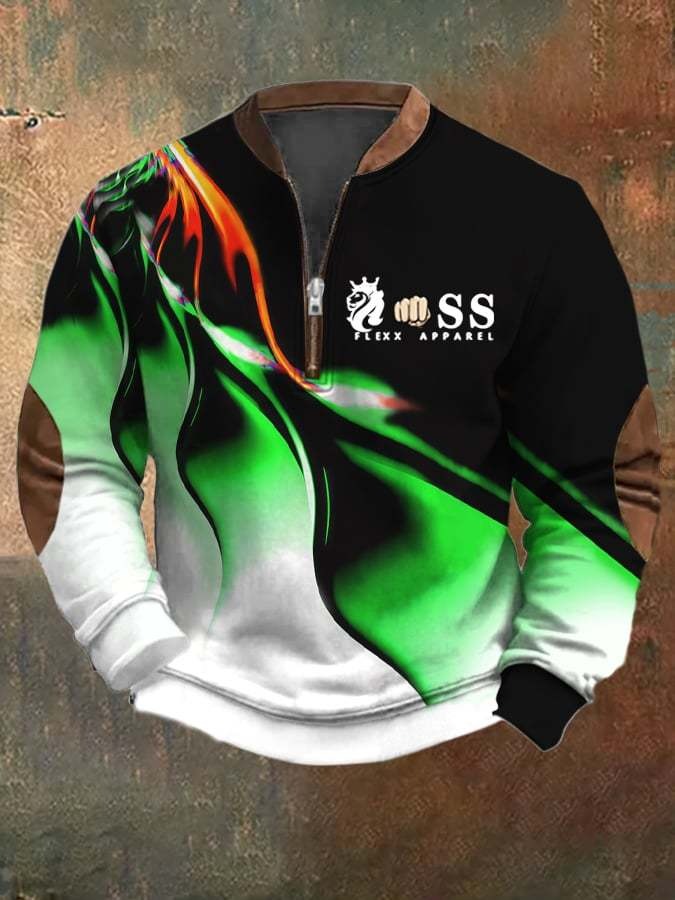 Men's Retro Letter Design Printed Casual Zipper Collar Long-Sleeved Sweatshirt
