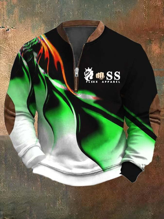Men's Retro Letter Design Printed Casual Zipper Collar Long-Sleeved Sweatshirt