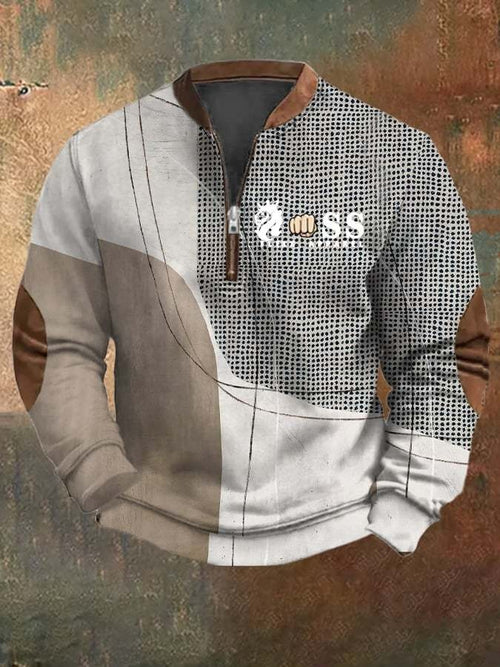 Men's Retro Letter Design Printed Casual Zipper Collar Long-Sleeved Sweatshirt