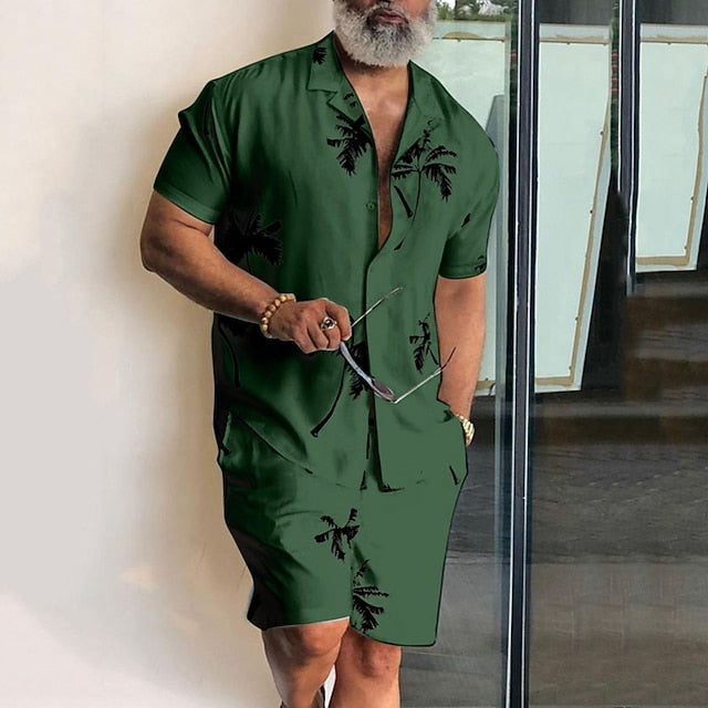 Men's Leaves Tropical Plants 2pcs Shirts Sets Summer Hawaiian Shirt Short Sleeve Short Pants Cuban Collar Tropical Fashion Hawaiian Street Casual Hawaiian Print Summer Spring Black White Blue