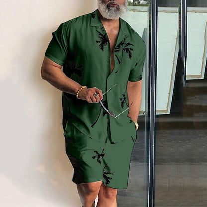Men's Leaves Tropical Plants 2pcs Shirts Sets Summer Hawaiian Shirt Short Sleeve Short Pants Cuban Collar Tropical Fashion Hawaiian Street Casual Hawaiian Print Summer Spring Black White Blue