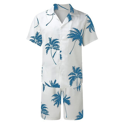 Men's Leaves Tropical Plants 2pcs Shirts Sets Summer Hawaiian Shirt Short Sleeve Short Pants Cuban Collar Tropical Fashion Hawaiian Street Casual Hawaiian Print Summer Spring Black White Blue