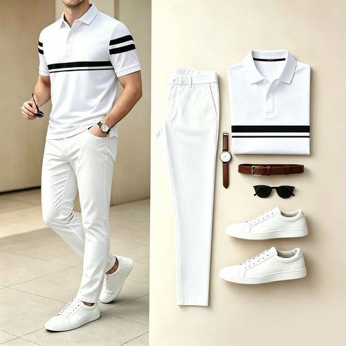 Men's Casual White Black Horizontal Stripe Polo Shirt & Long Pants Two-Piece Set