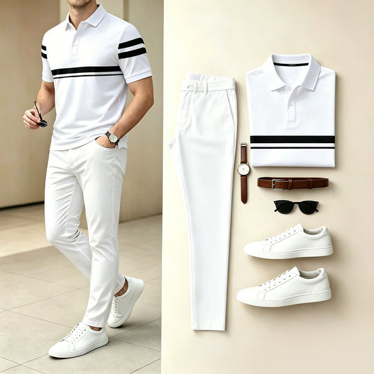 Men's Casual White Black Horizontal Stripe Polo Shirt & Long Pants Two-Piece Set