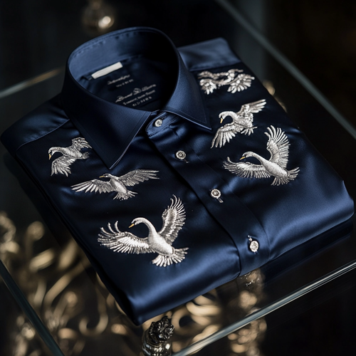 Men's premium quality silk shirt with stunning animal swan print business leisure vacation Long Sleeve Shirts