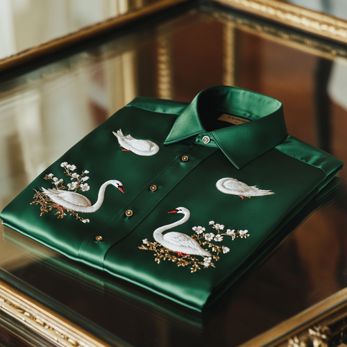 Men's premium quality silk shirt with stunning animal swan print business leisure vacation Long Sleeve Shirts