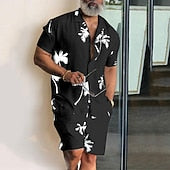 Men's Leaves Tropical Plants 2pcs Shirts Sets Summer Hawaiian Shirt Short Sleeve Short Pants Cuban Collar Tropical Fashion Hawaiian Street Casual Hawaiian Print Summer Spring Black White Blue