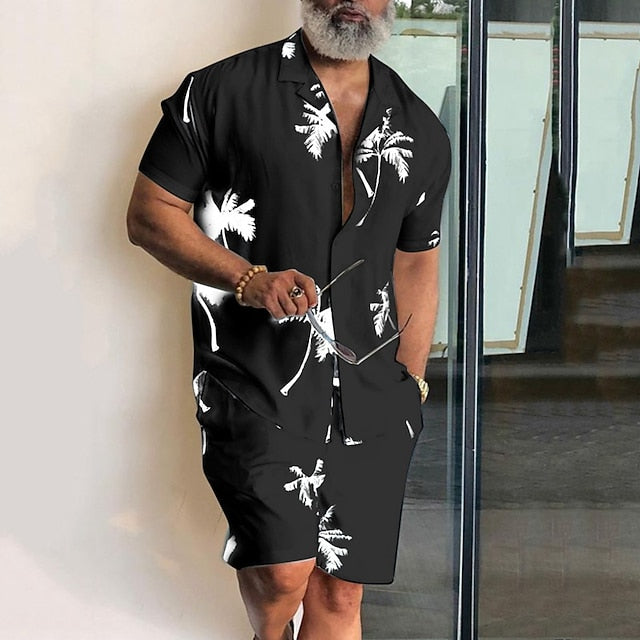 Men's Leaves Tropical Plants 2pcs Shirts Sets Summer Hawaiian Shirt Short Sleeve Short Pants Cuban Collar Tropical Fashion Hawaiian Street Casual Hawaiian Print Summer Spring Black White Blue