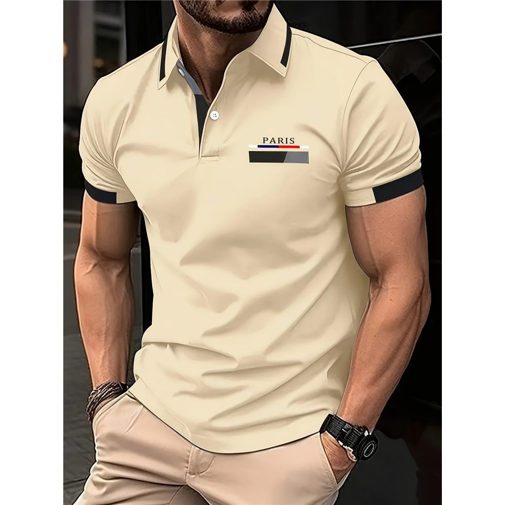 Men's Business Casual Striped Button Short Sleeve Polo Shirt