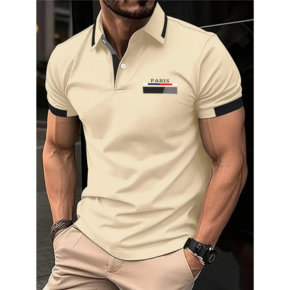 Men's Business Casual Striped Button Short Sleeve Polo Shirt