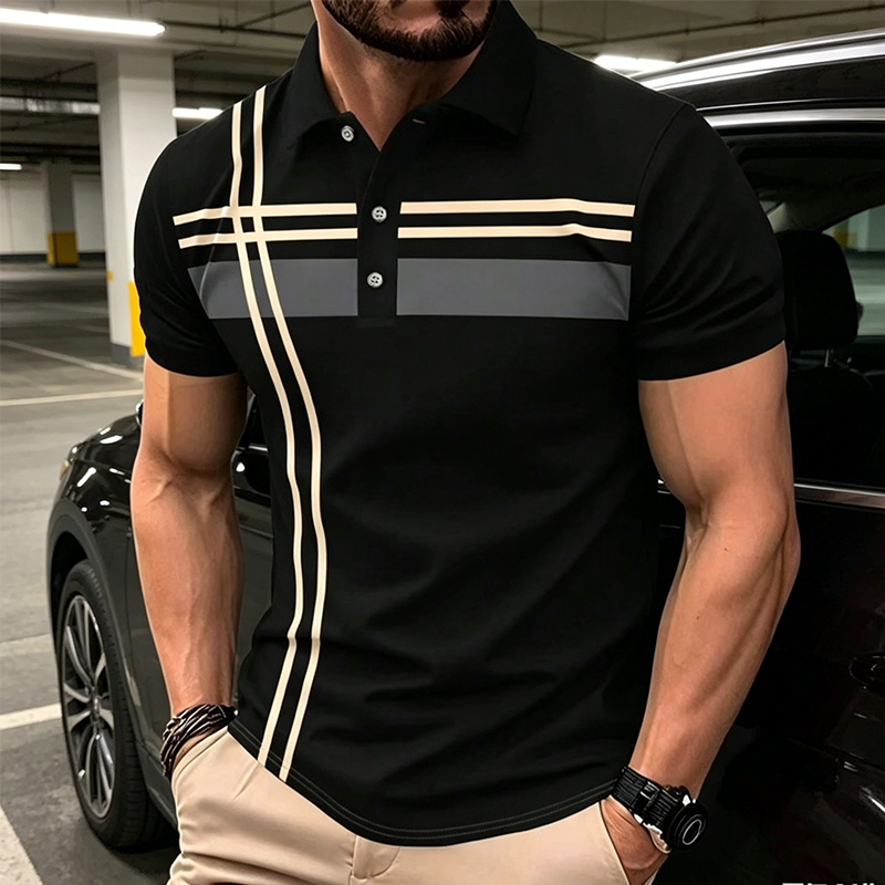 ?Time-Limited Special?Men's Striped Short Sleeve Collared Top