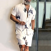 Men's Leaves Tropical Plants 2pcs Shirts Sets Summer Hawaiian Shirt Short Sleeve Short Pants Cuban Collar Tropical Fashion Hawaiian Street Casual Hawaiian Print Summer Spring Black White Blue