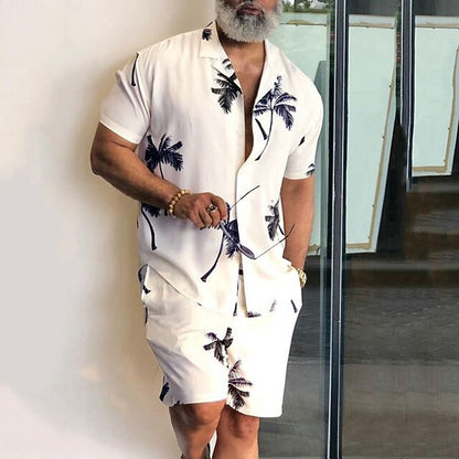 Men's Leaves Tropical Plants 2pcs Shirts Sets Summer Hawaiian Shirt Short Sleeve Short Pants Cuban Collar Tropical Fashion Hawaiian Street Casual Hawaiian Print Summer Spring Black White Blue