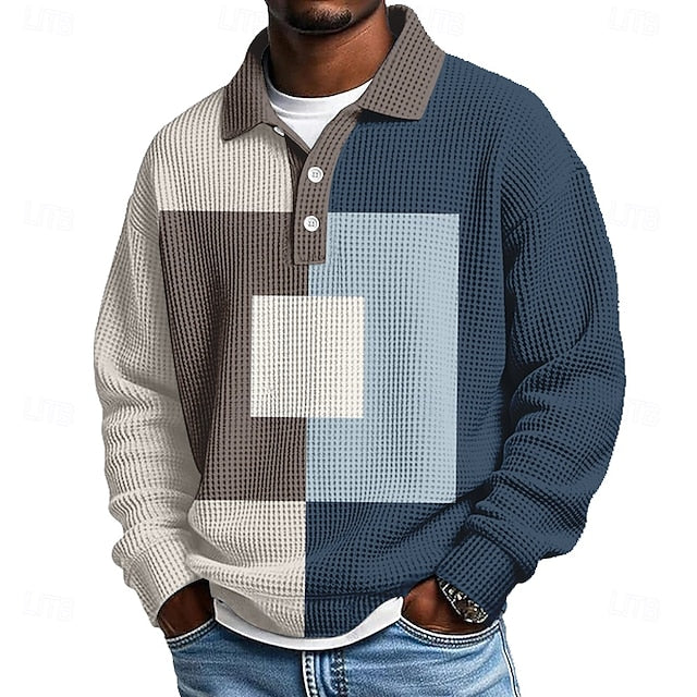 Men's Color Block Geometic Waffle Polo Shirts